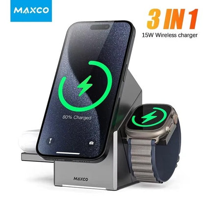 Qi2 3-in-1 Auto-Rotating Wireless Charger for iPhone, AirPods & iWatch Fast Char